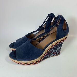 CAbi Isla Espedrille Wedge Shoes Suede Blue Size 7